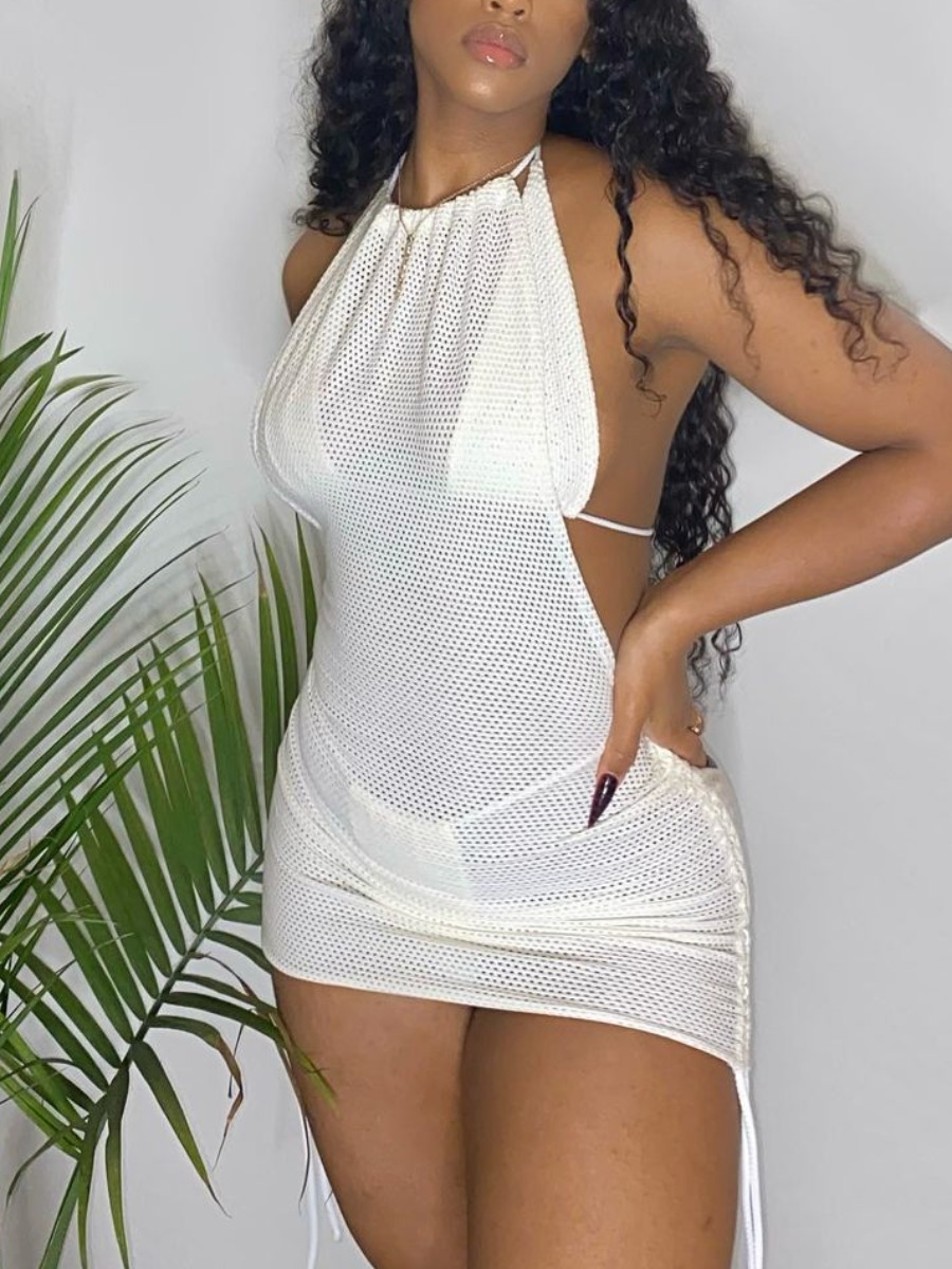 

Lovely Boho Backless See-through White Three-piece Swimsuit