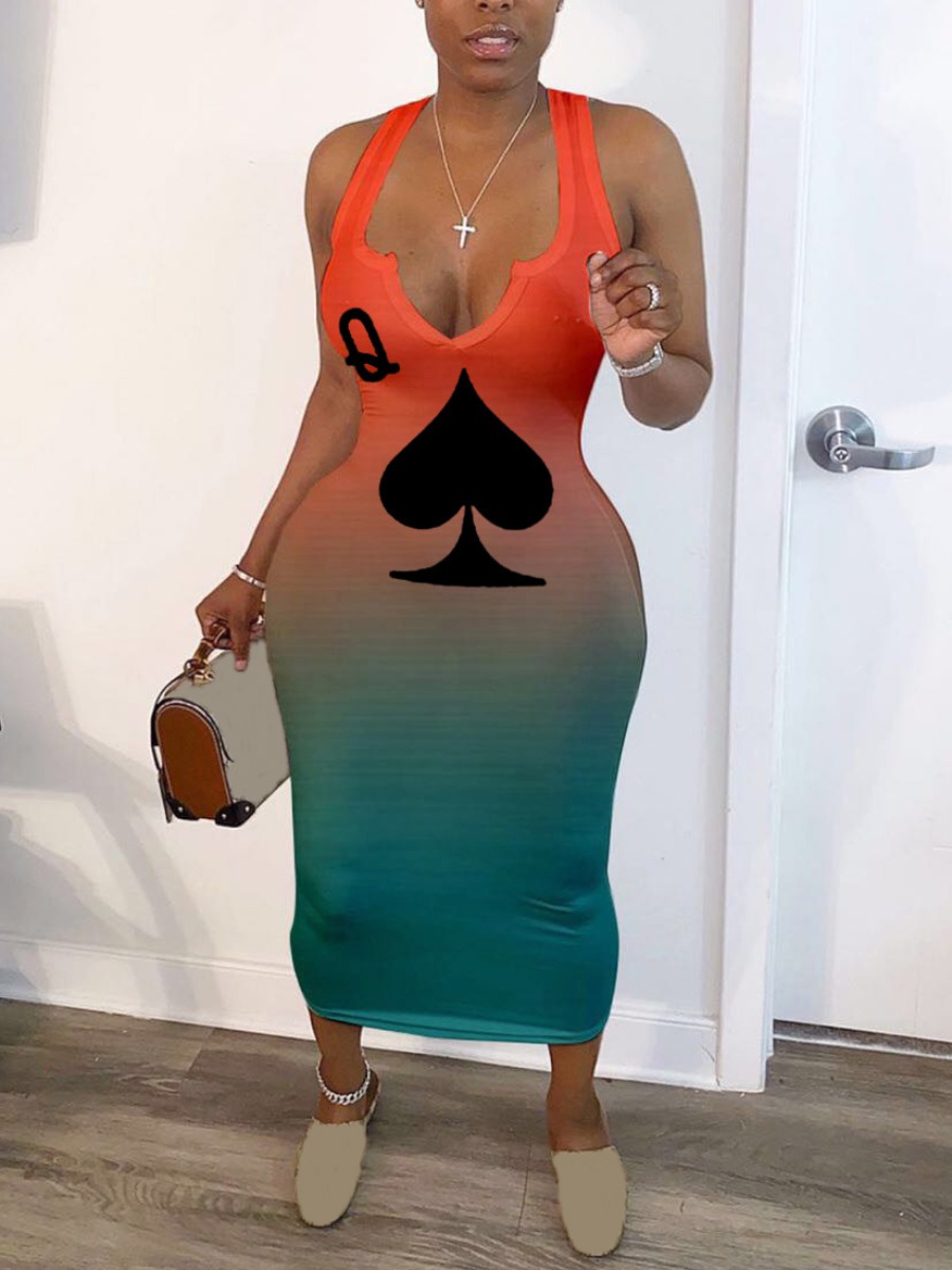 

Lovely Casual Gradient Letter Print Mid Calf Dress