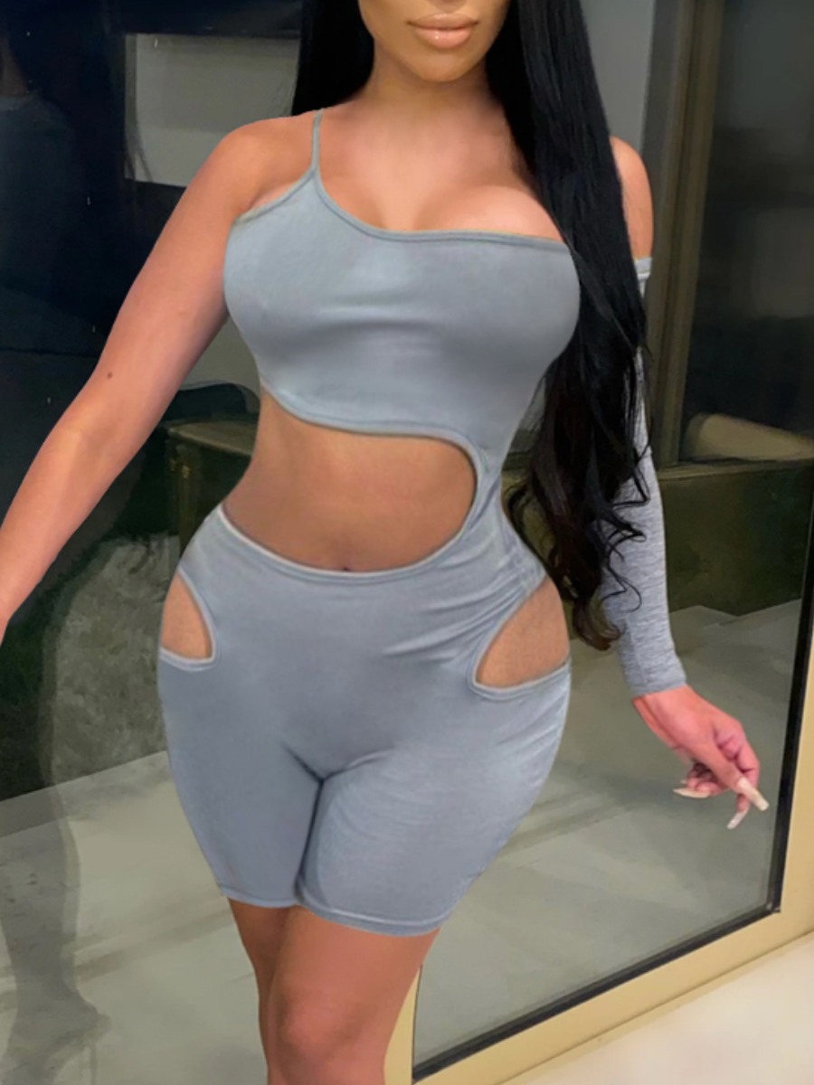 

LW Casual One Shoulder Hollow-out Grey One-piece Romper
