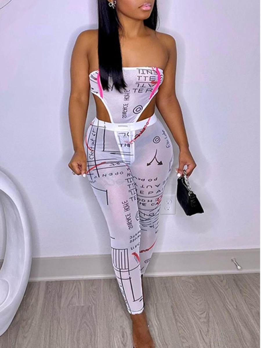 

Lovely Street Letter Print See-through White Two Piece Pants Set