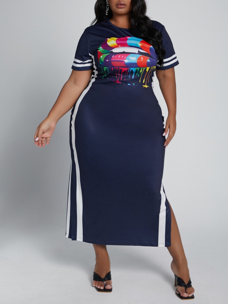 

Lovely Casual Lip Print Striped Split Dark Blue Ankle Length Plus Size Dress