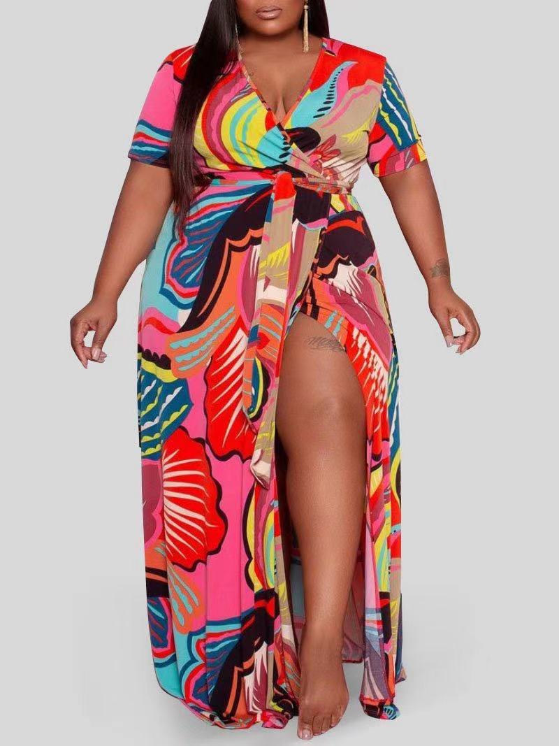 

LW Plus Size Boho Print Bandage Design Split Multicolor Floor Length Dress, Multi