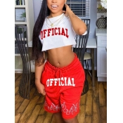 LW Sporty Letter Print Drawstring Red Two Piece Sh