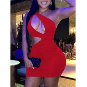 LW SXY One Shoulder Hollow-out Red Mini Dress