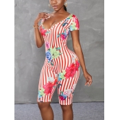 LW Sweet Floral Print Striped Red One-piece Romper