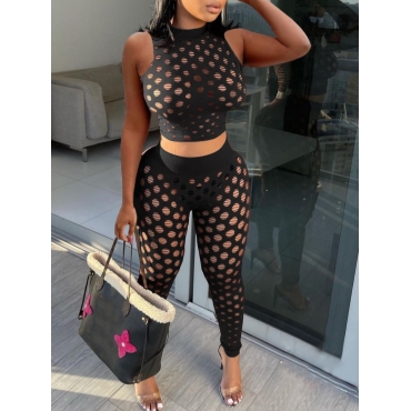 

LW SXY O Neck Hollow-out Black Two Piece Pants Set