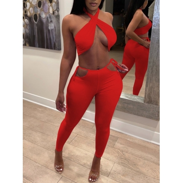 

LW SXY Criss Cross Bandage Hollow-out Design Red Two Piece Pants Set