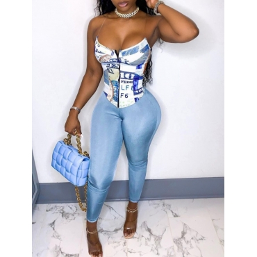 

LW Street Letter Print Chain Strap Blue Two Piece Pants Set