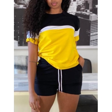 

LW Sporty Drawstring Patchwork Yellow Two Piece Shorts Set