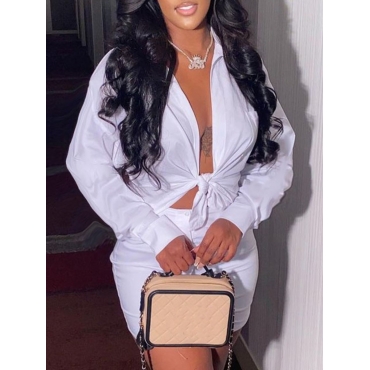 

LW Plus Size Street Turndown Collar Button Design White Two Piece Skirt Set
