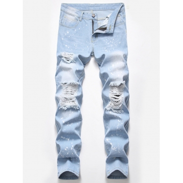 

LW Men Street Splash Ink Print Ripped Baby Blue Jeans