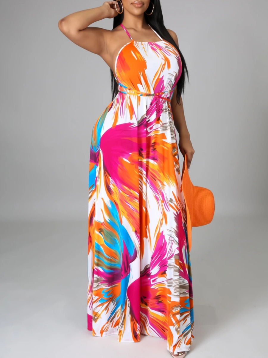 

Lovely Boho Backless Print Multicolor Floor Length Dress, Multi