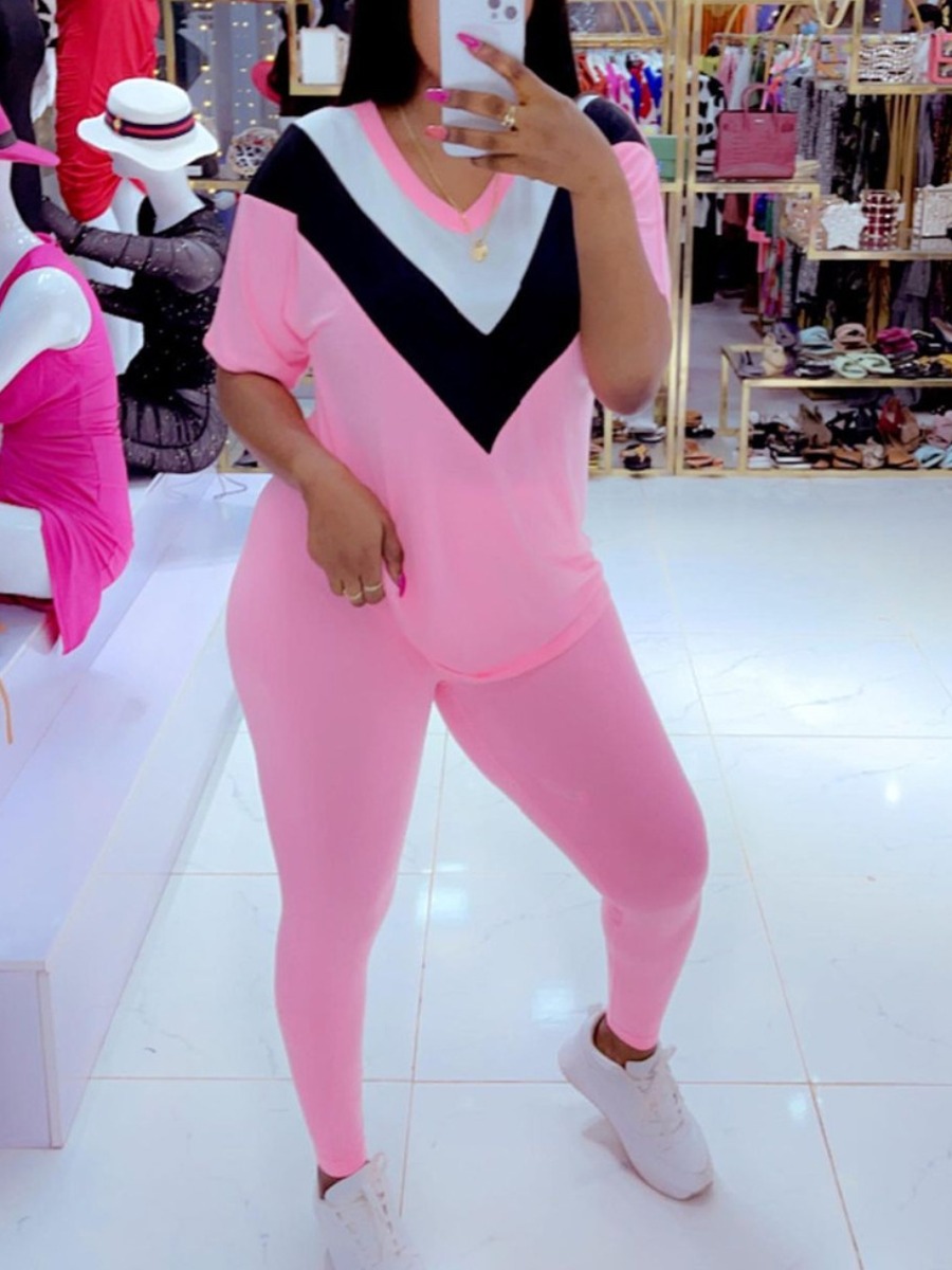 

Lovely Sporty V Neck Color-lump Pink Two Piece Pants Set