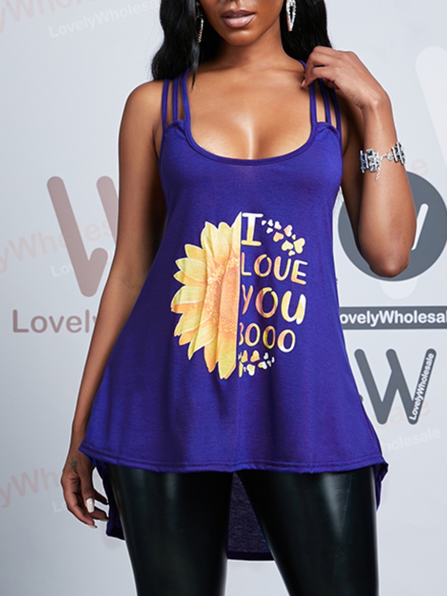 

Lovely Sexy Backless Floral Letter Print Blue Camisole