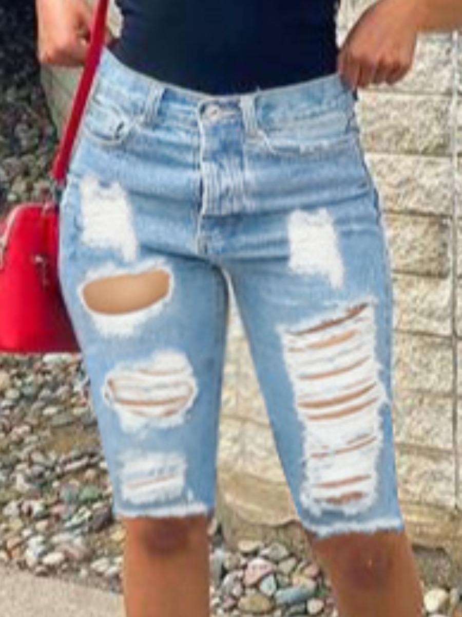 

Lovely Street High-waisted Ripped Baby Blue Denim Shorts