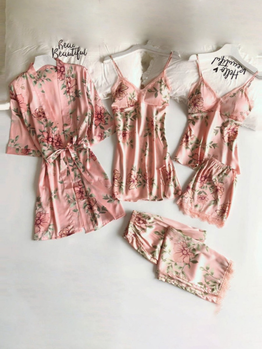 

LW Casual Floral Print Bandage Design Pink Sleepwear