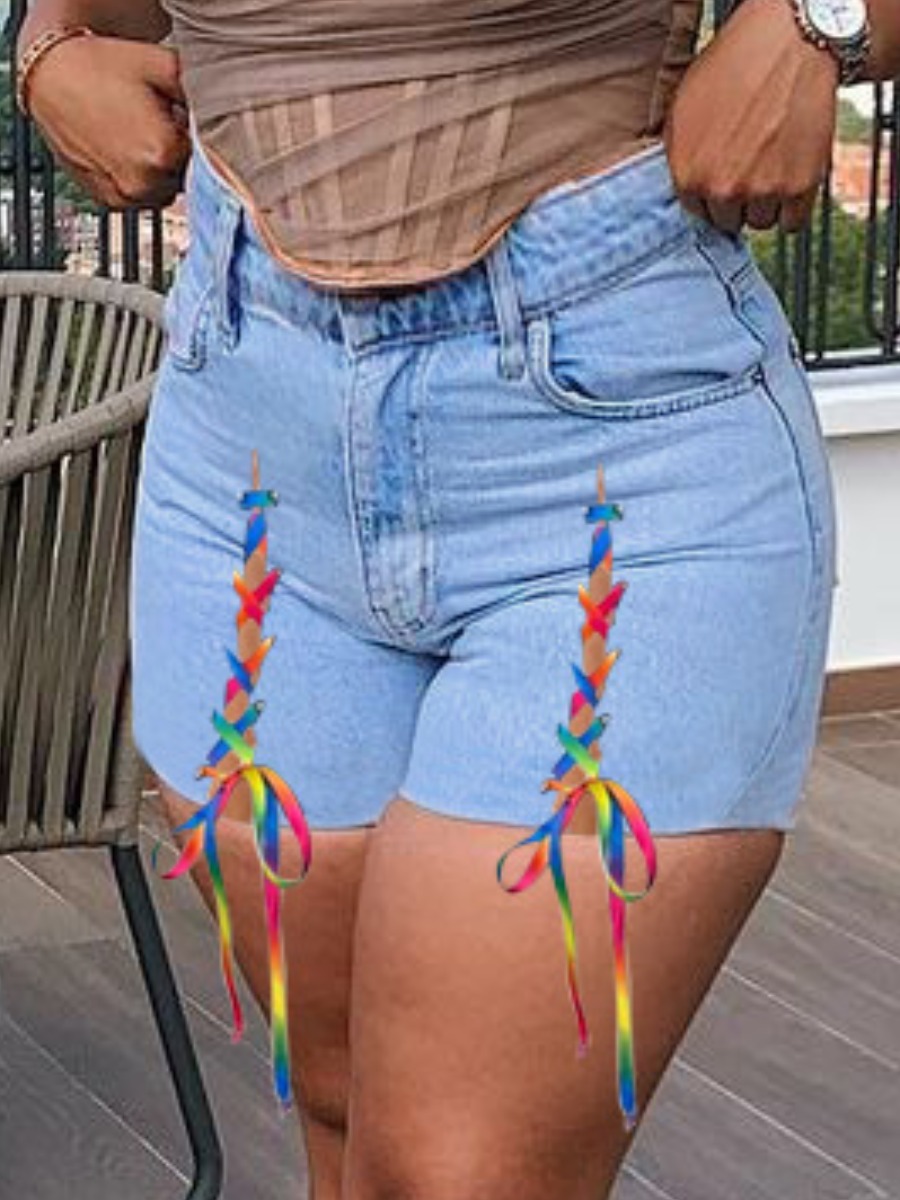 

LW Street Raw Edge Bandage Design Baby Blue Denim Shorts