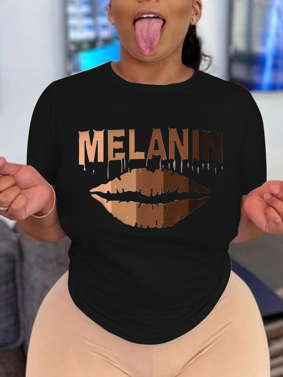 LovelyWholesale Casual Lip Letter Print Black T-shirt Summer Short Sleeve Casual Basic Round Neck Spring Summer 2024