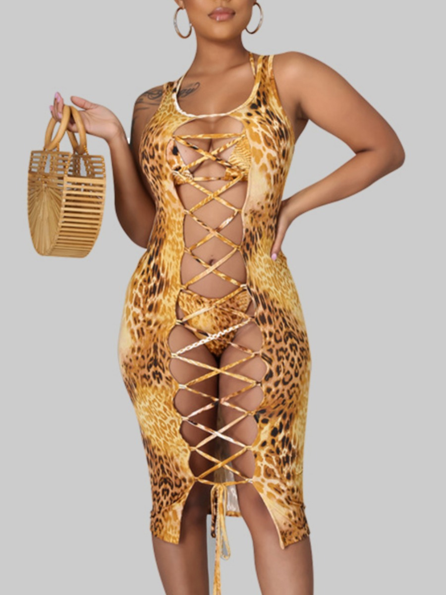 

Lovely Boho Leopard Print Bandage Hollow-out Design Gold Three-piece Swimsuit