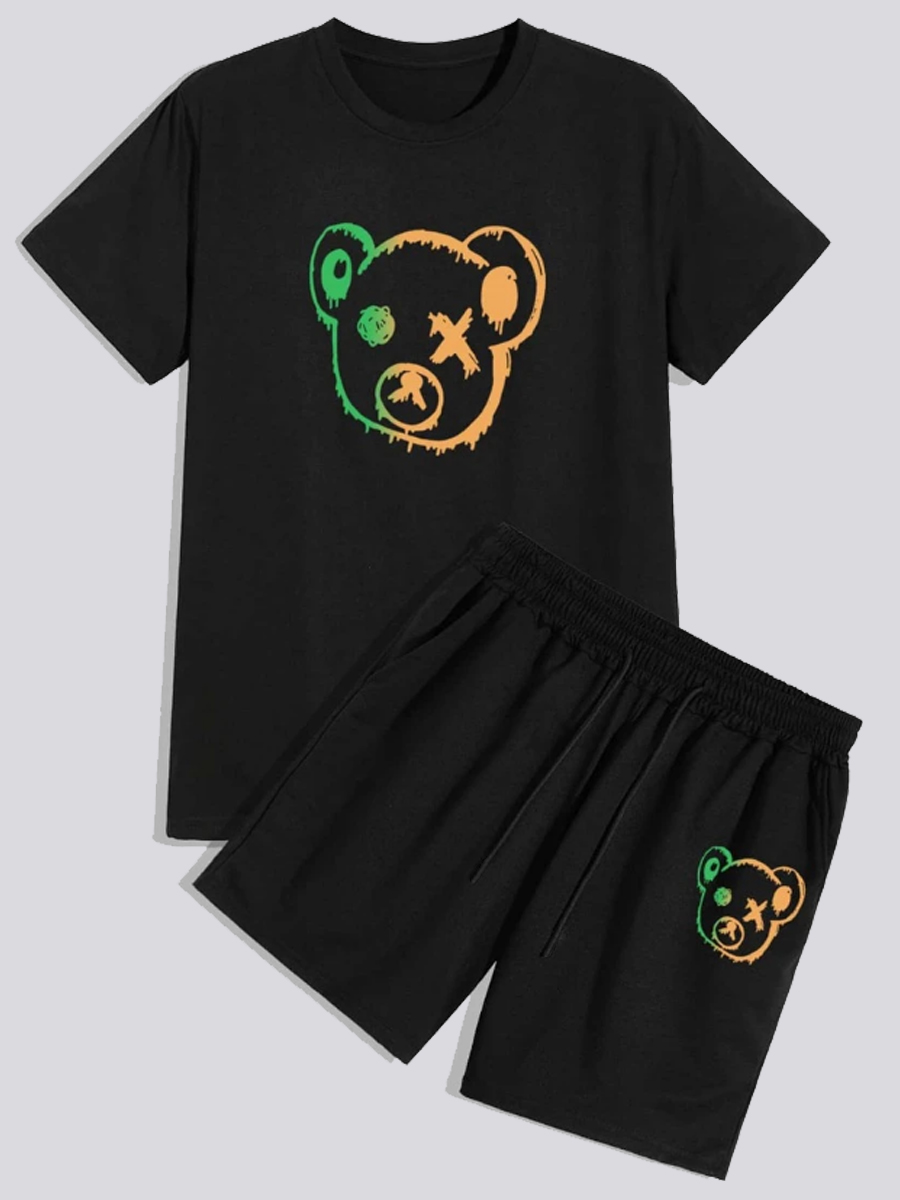 

Lovely Men Casual O Neck Cartoon Print Black Two Piece Shorts Set