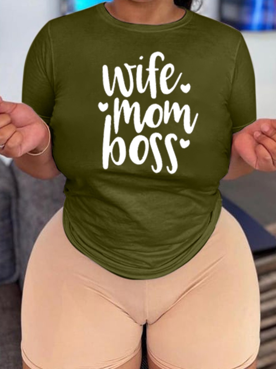 

Lovely Plus Size Casual O Neck Letter Print Green T-shirt