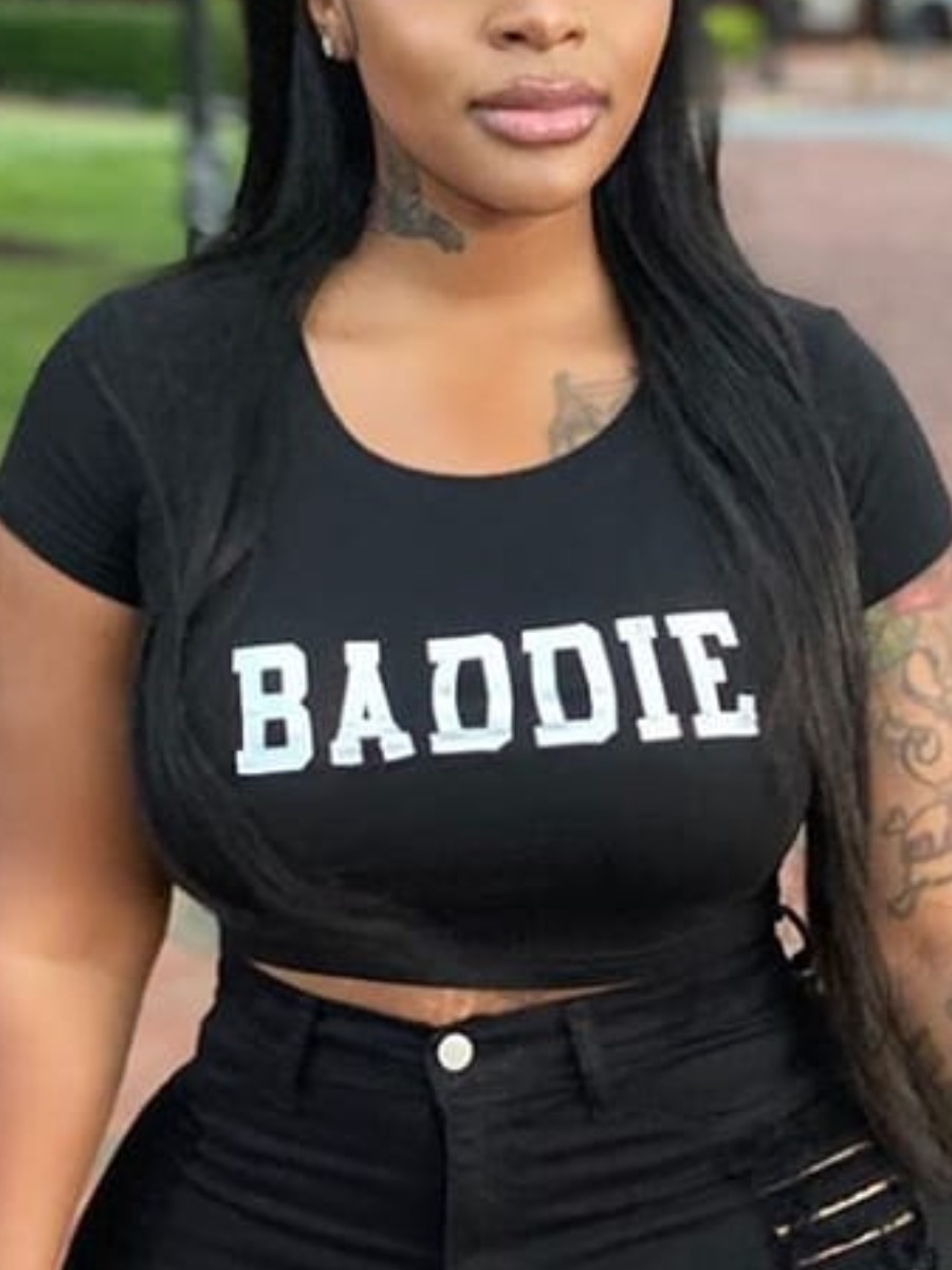 

Lovely Casual O Neck Letter Print Black T-shirt