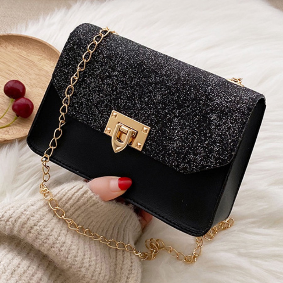 LW Casual Sequined Chain Strap Black Crossbody Bags