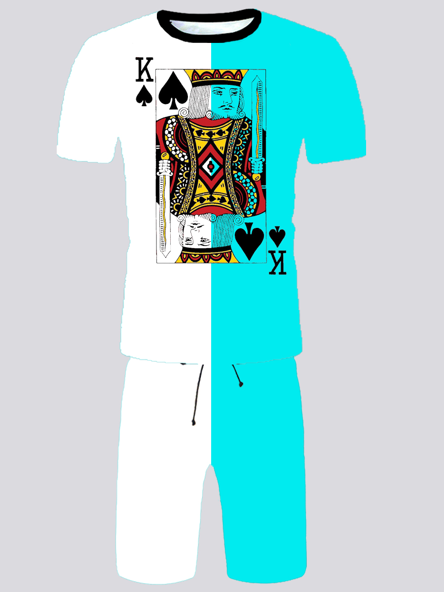 

Lovely Men Street Poker Letter Print White Two Piece Shorts Set