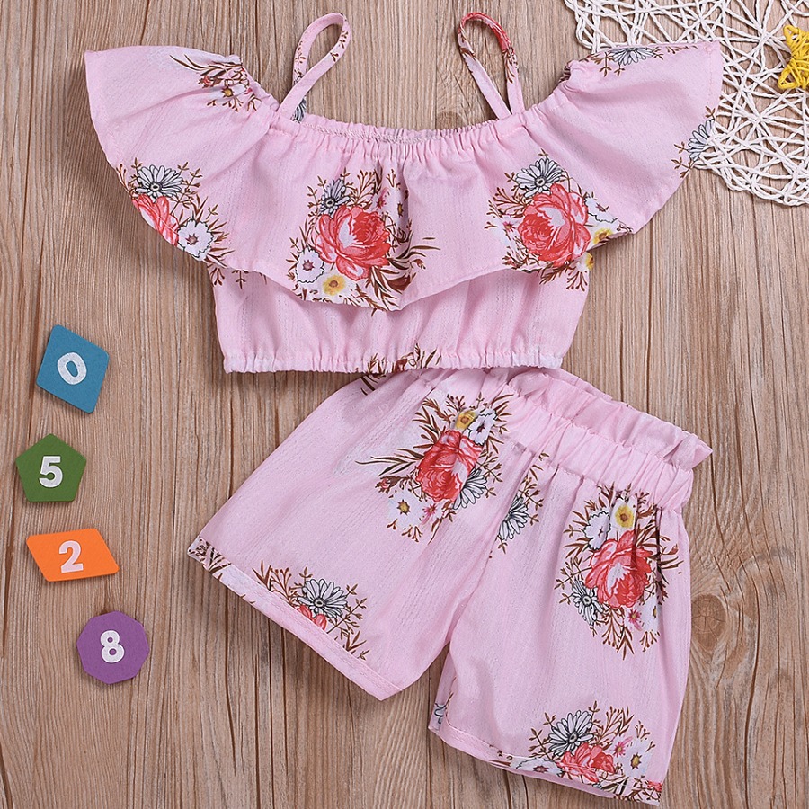 

Lovely Girl Sweet Floral Print Flounce Design Pink Two Piece Shorts Set