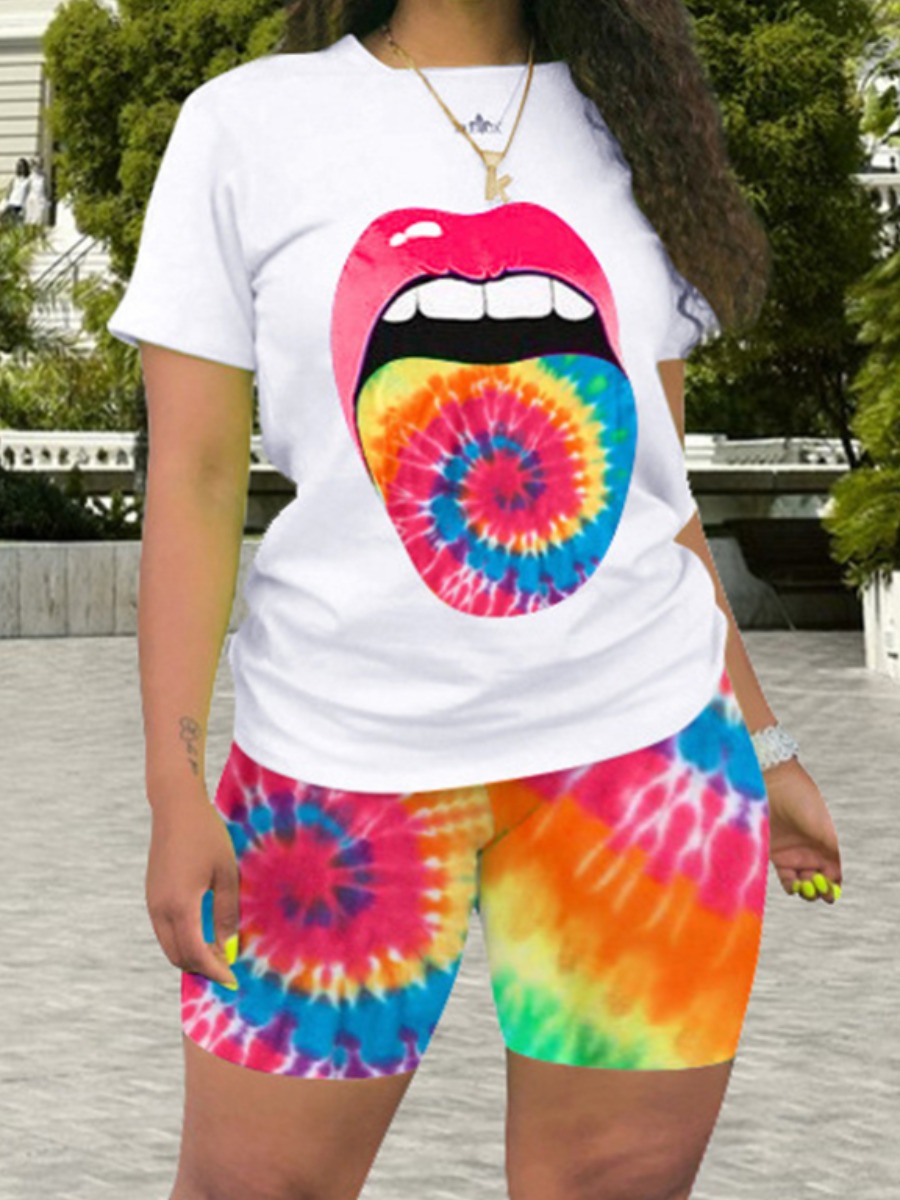 

Lovely Plus Size Boho Lip Print Tie-dye Red Two-piece Shorts Set