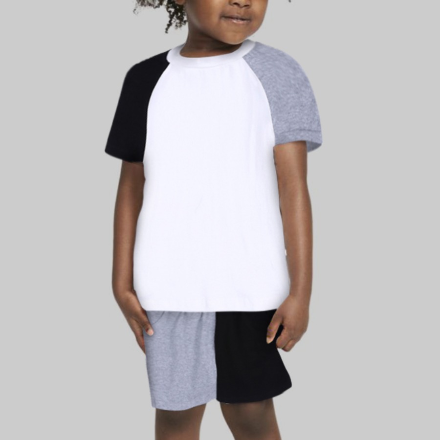 

Lovely Boy Sporty O Neck Color-lump Grey Two Piece Shorts Set