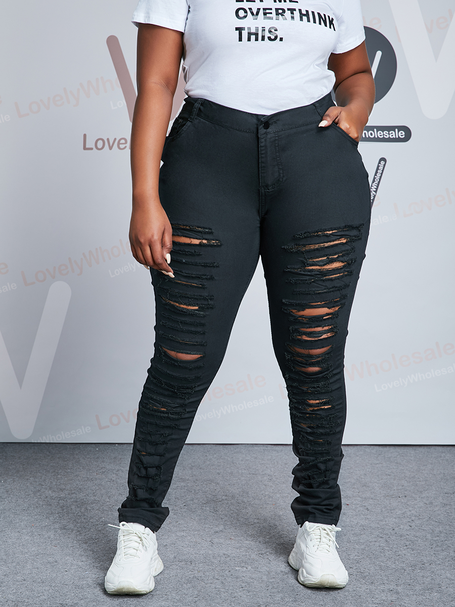 

Lovely Plus Size Street High-waisted Ripped Black Jeans