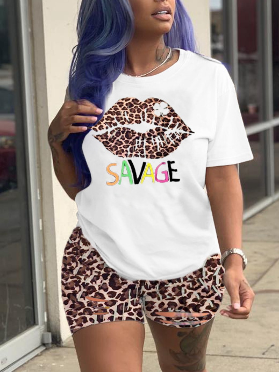 

Lovely Street O Neck Letter Leopard Print Two Piece Shorts Set
