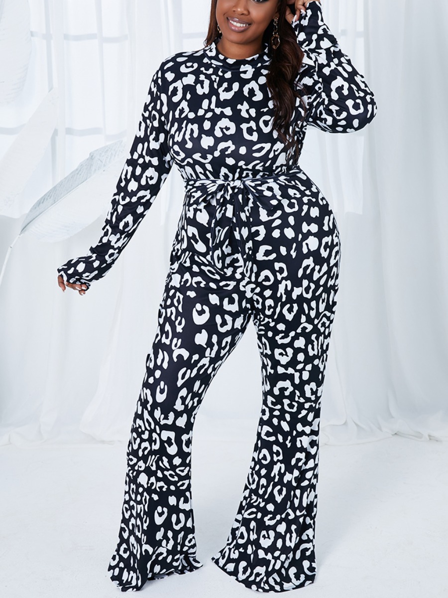 

Lovely Plus Size Boho Leopard Print Bandage Design Black One-piece Jumpsuit