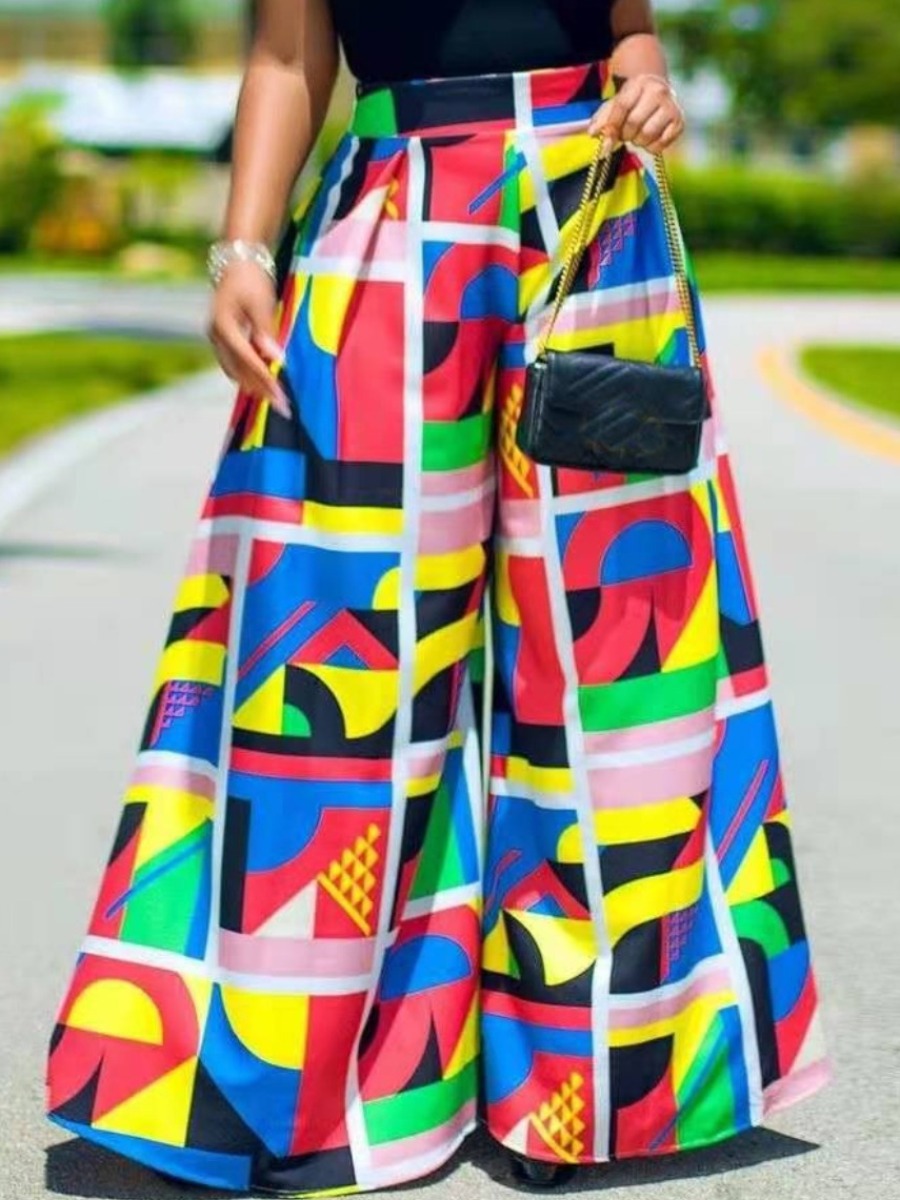 

Lovely Plus Size Street Mid Waist Geometric Print Multicolor Pants, Multi