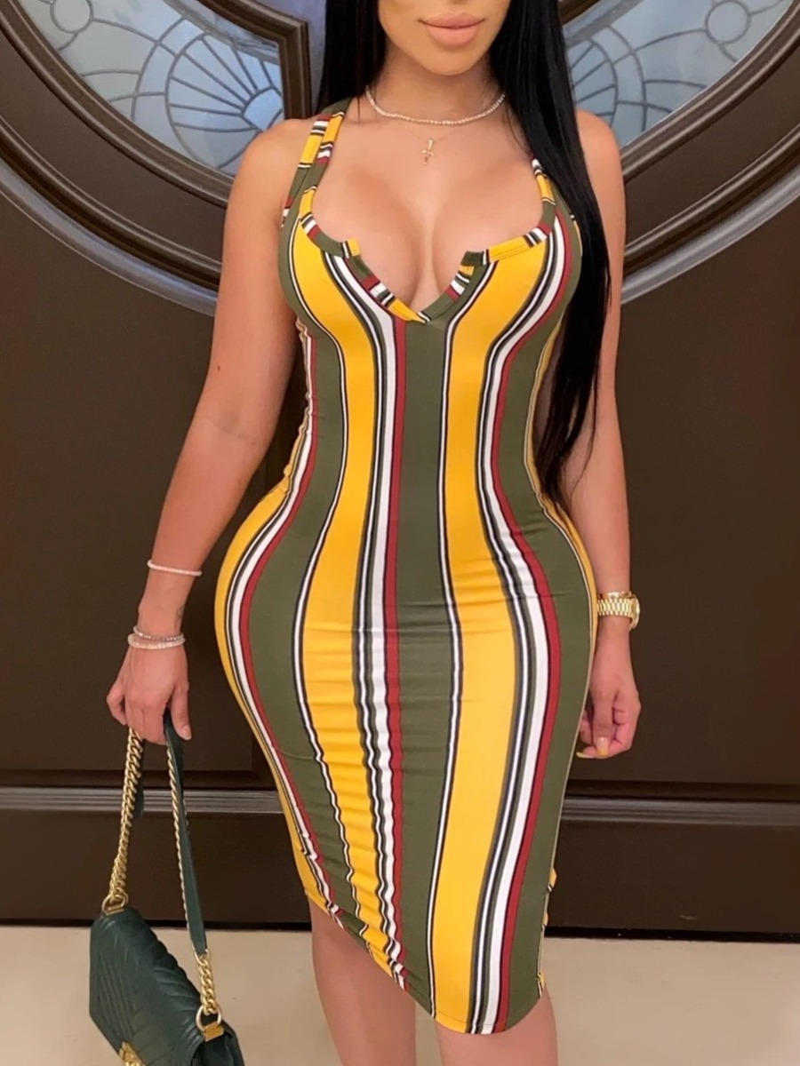 

LW SXY Street Striped Patchwork Green Knee Length Dress