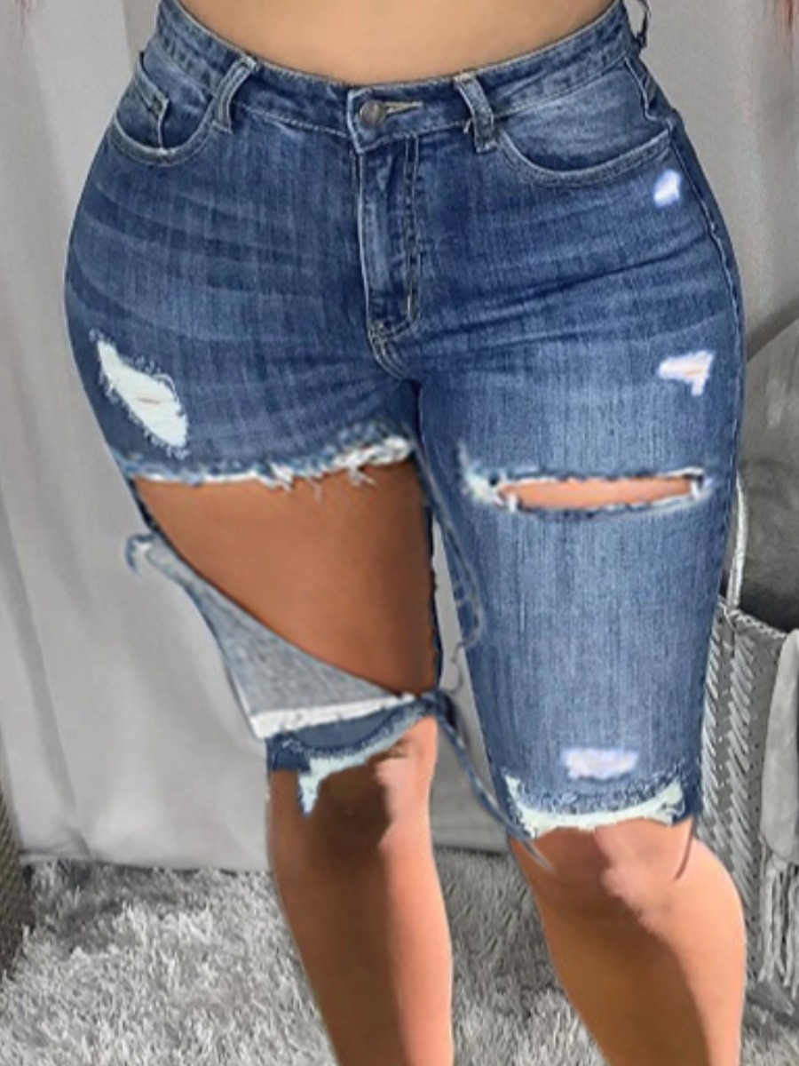 

LW Street High-waisted Ripped Deep Blue Denim Shorts