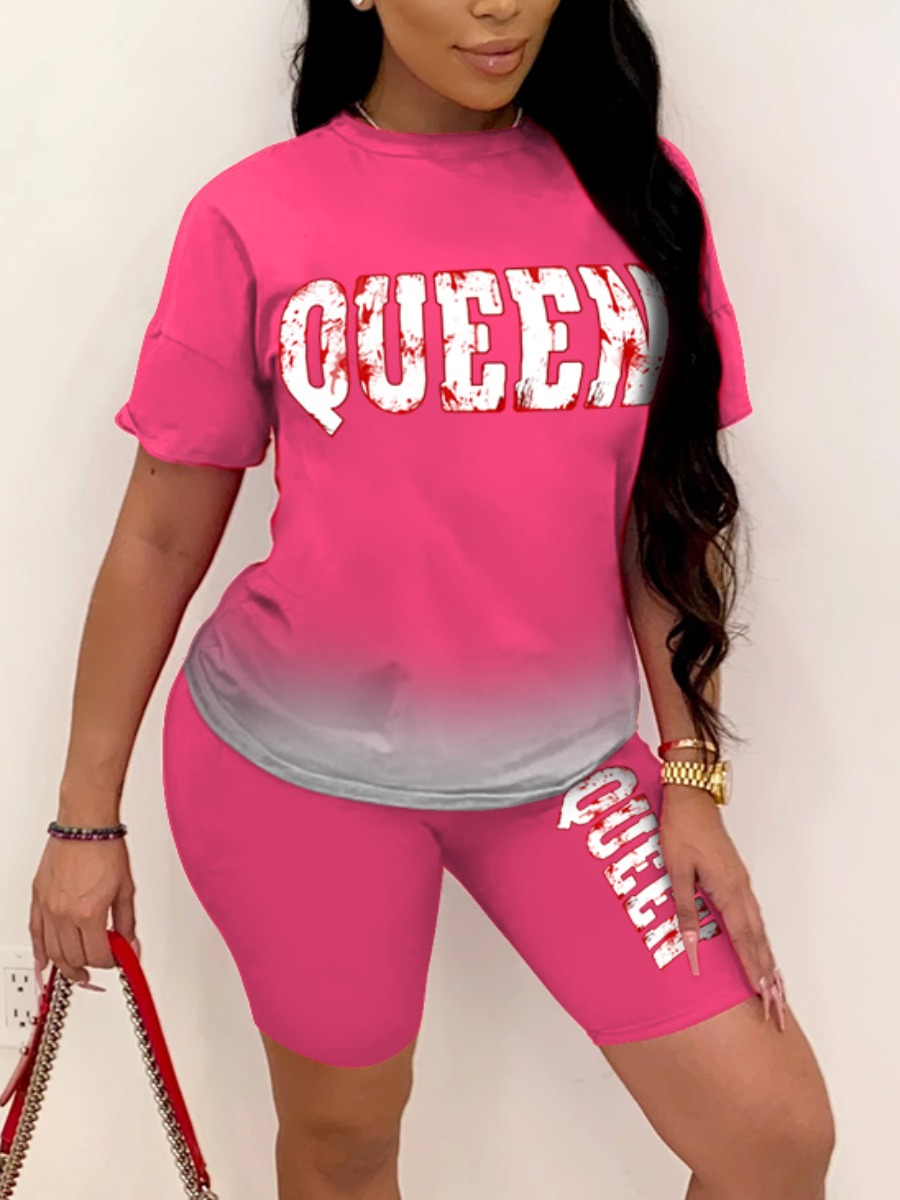 

Lovely Plus Size Casual Gradient Letter Print Pink Two-piece Shorts Set