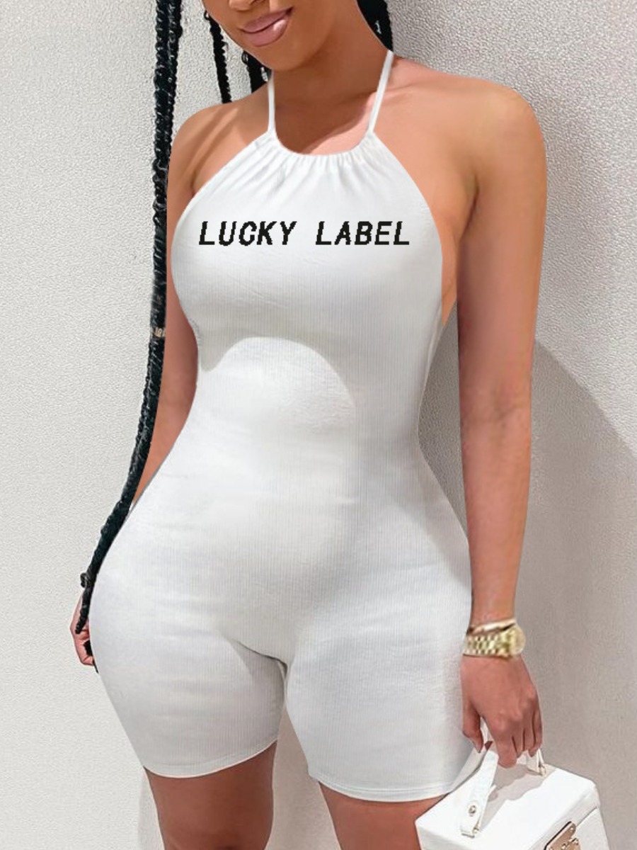 

Lovely Casual Backless Letter Print White One-piece Romper