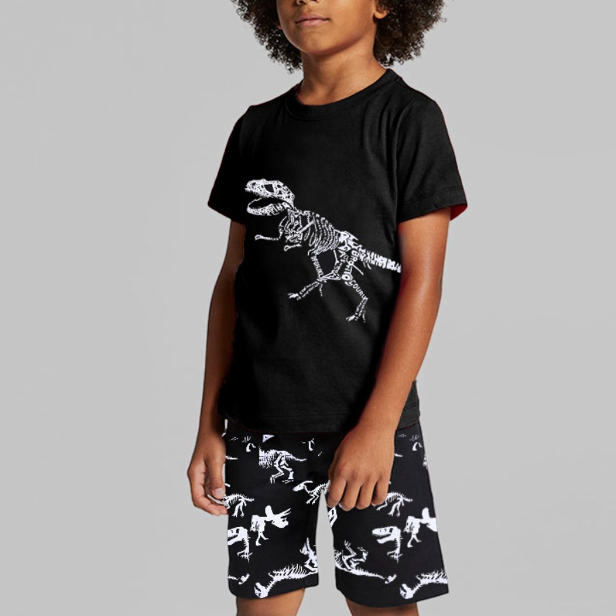 

LW COTTON Boy Casual O Neck Skeleton Print Black Two Piece Shorts Set