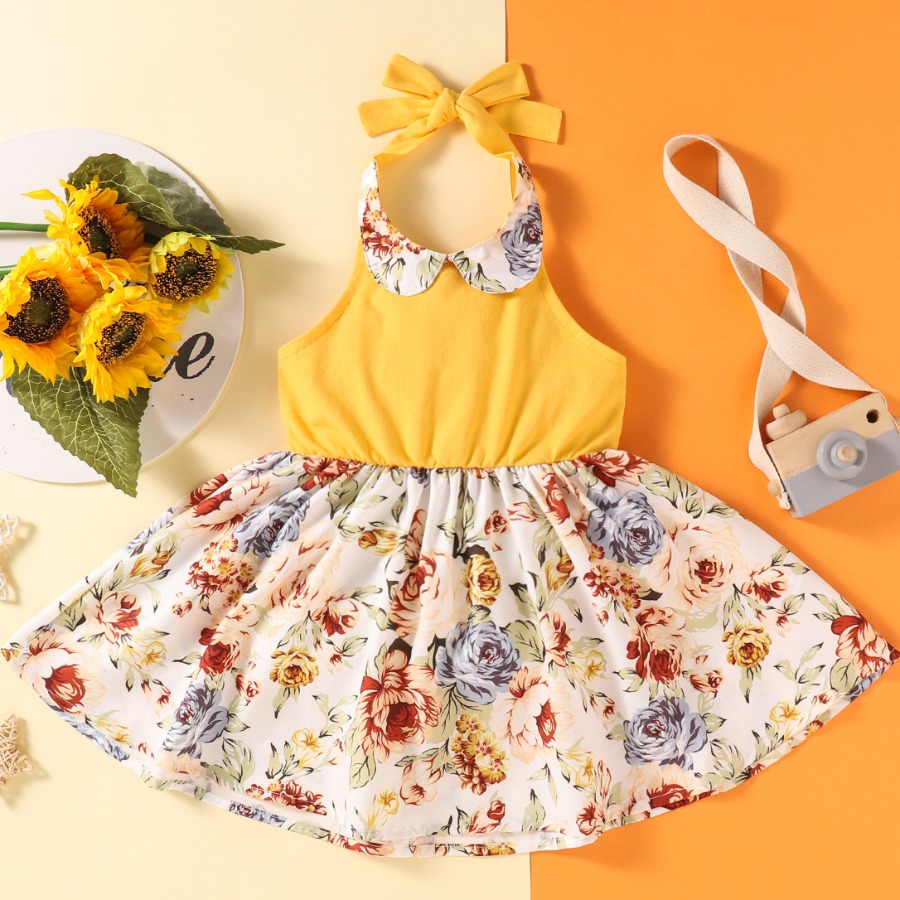 

Lovely Girl Sweet Backless Floral Print Knee Length Dress, Yellow