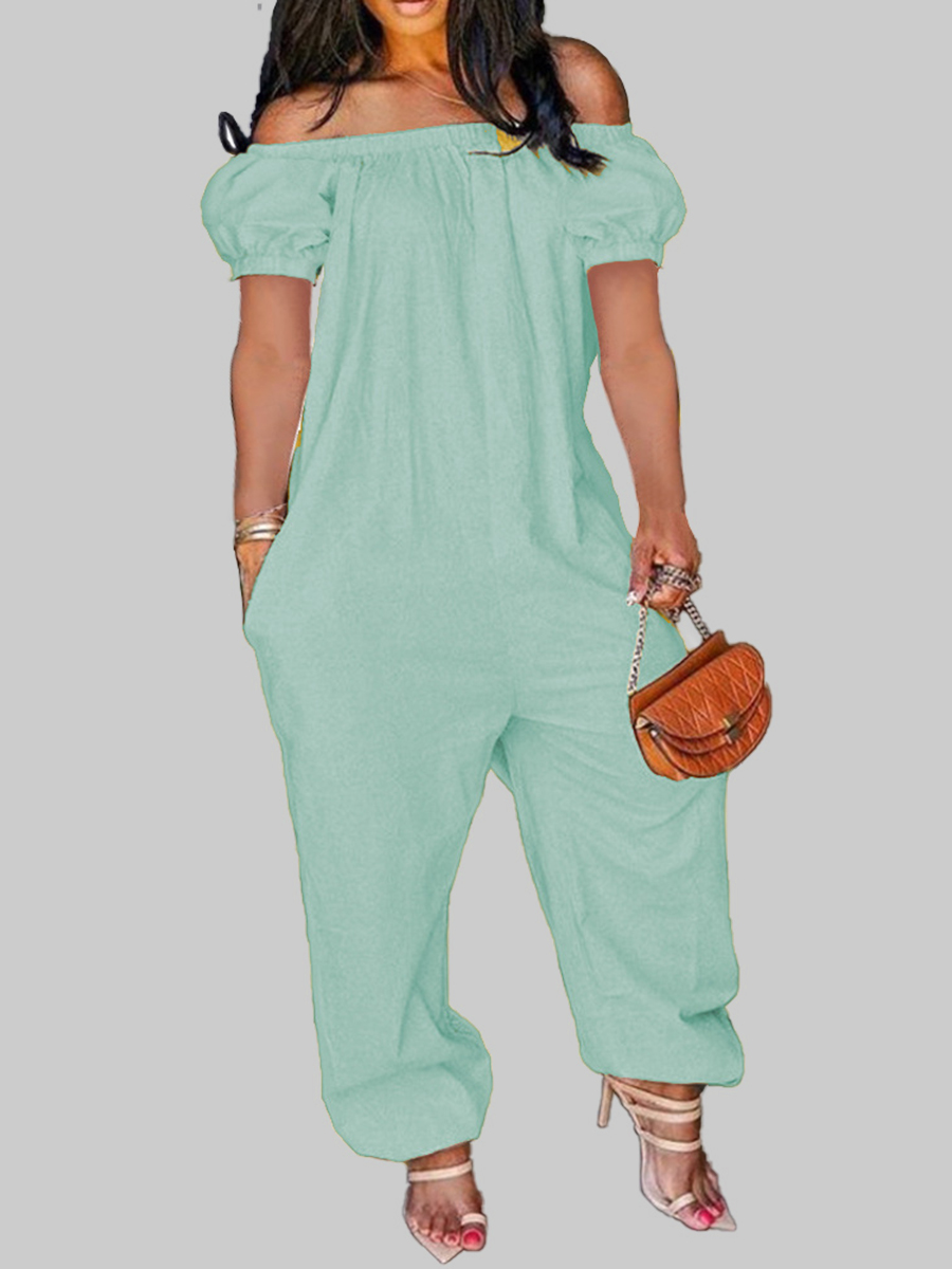

LW Plus Size Casual Off The Shoulder Ruffle Design Light Green One-piece Jumpsuit