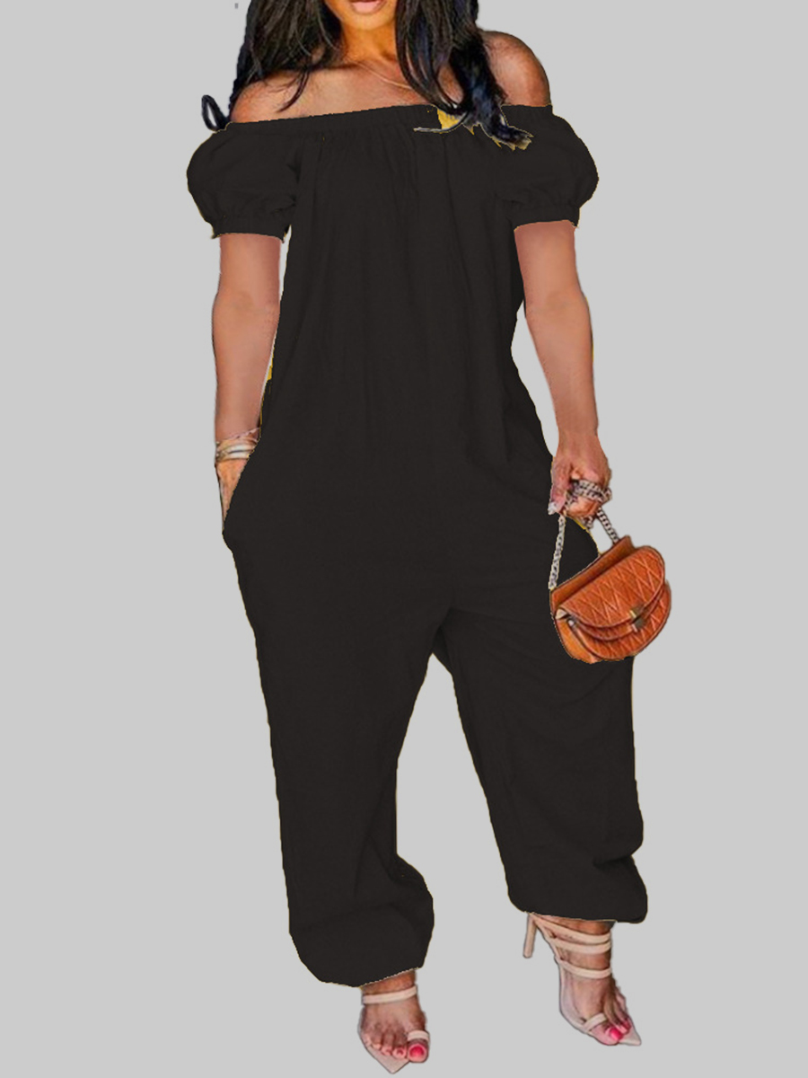 

LW Plus Size Casual Off The Shoulder Ruffle Design Black One-piece Jumpsuit