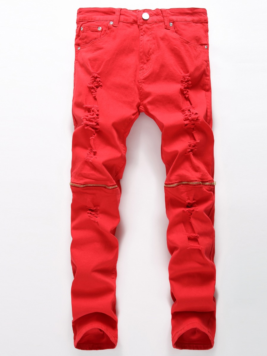 

Lovely Men Street Zipper Design Ripped Red Jeans