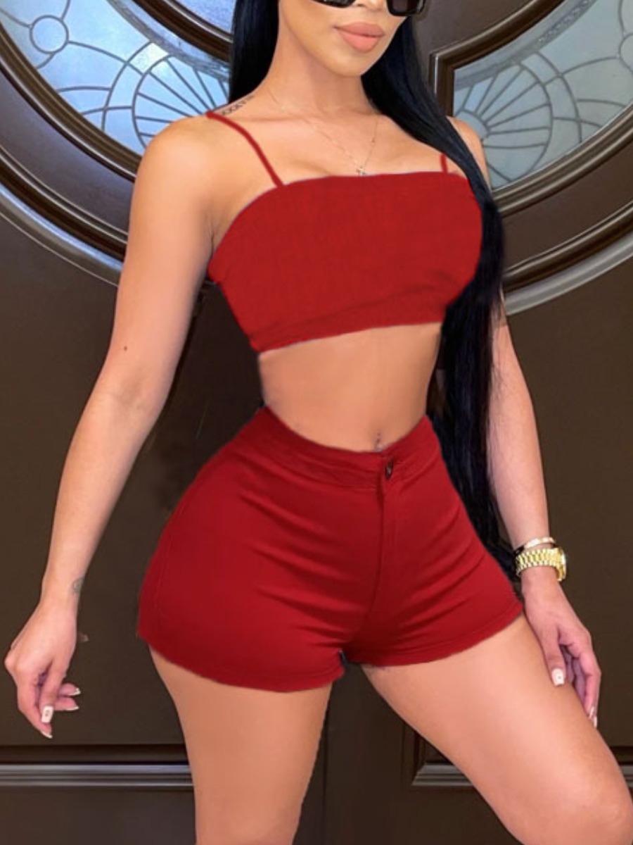 

Lovely Casual High-waisted Elastic Red Two Piece Shorts Set