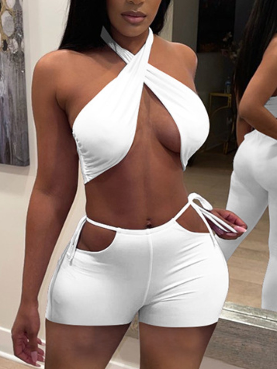 

LW SXY Bandage Hollow-out Design White Two Piece Shorts Set