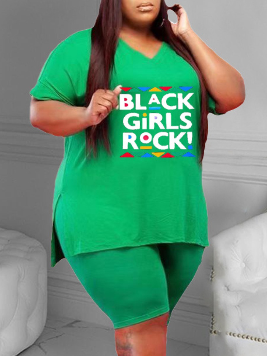

Lovely Plus Size Casual Letter Print Split Green Two-piece Shorts Set