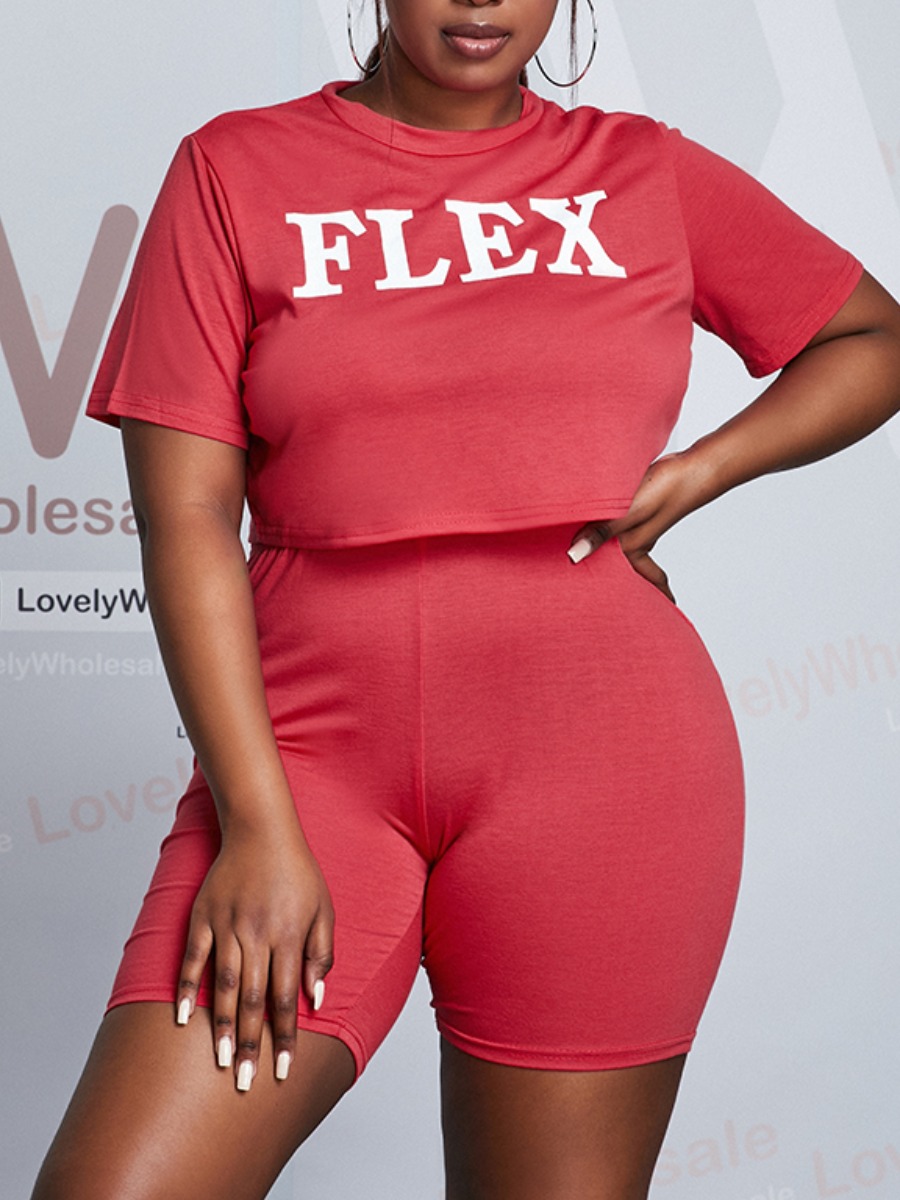 

Lovely Plus Size Sporty O Neck Letter Print Red Two-piece Shorts Set