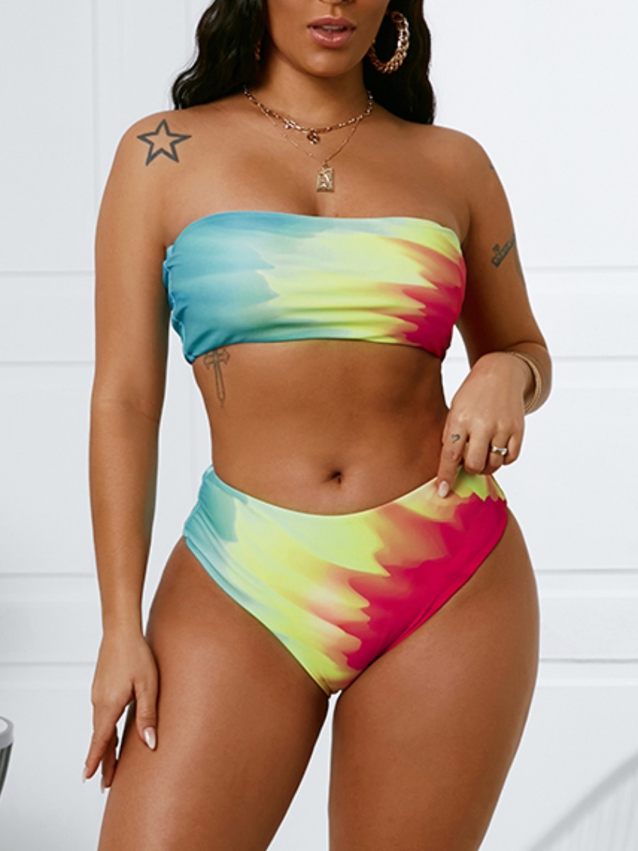 

Lovely Boho Off The Shoulder Tie-dye Multicolor Two-piece Swimsuit, Multi