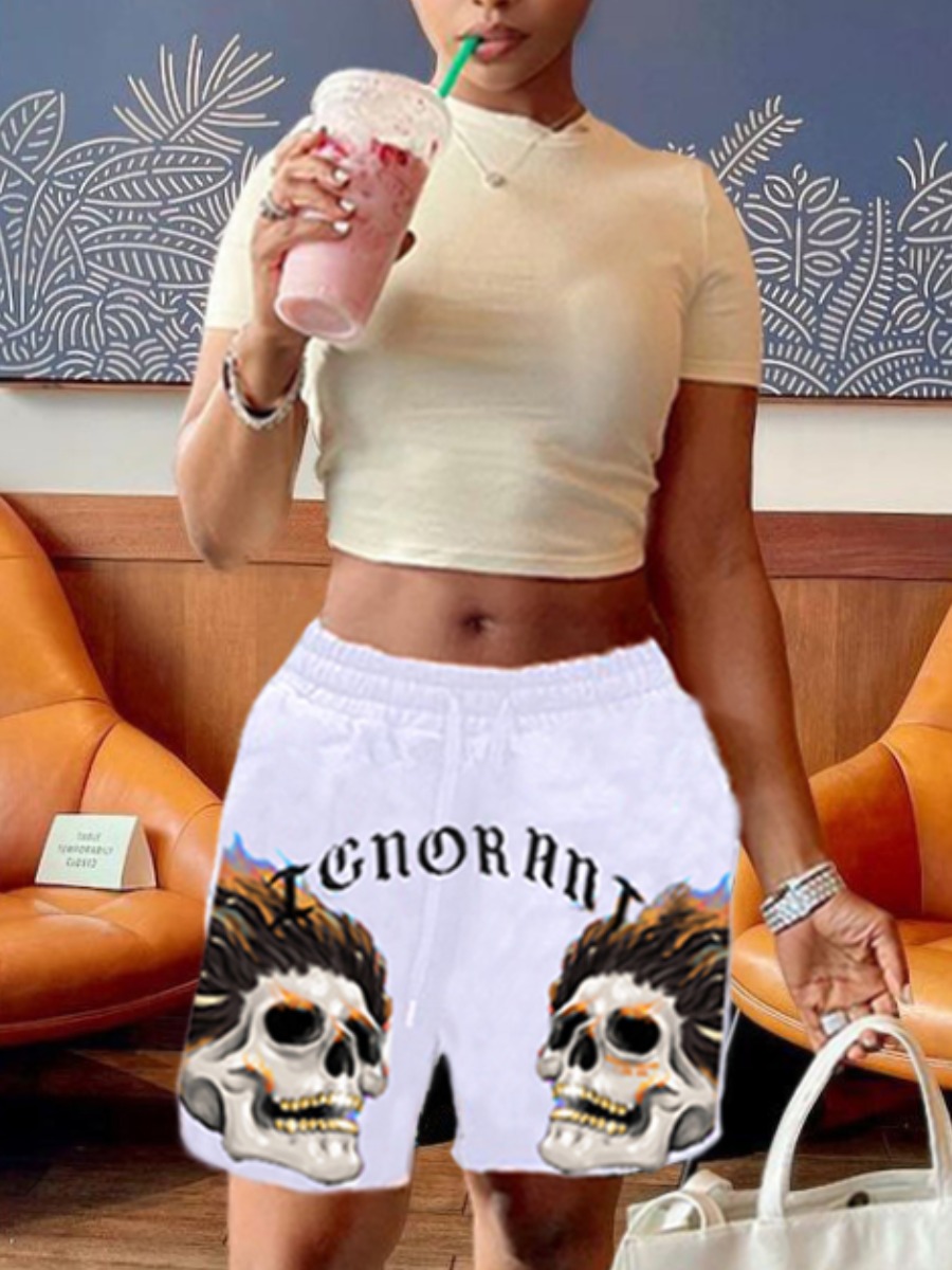 

Lovely Street Skull Head Letter Print White Two Piece Shorts Set